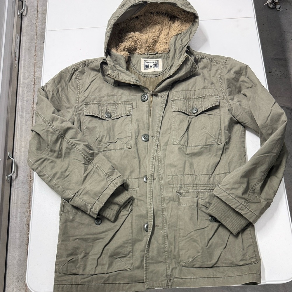 Converse One Star Field Jacket Mens Small Green Excellent Faux Fur Hood Utility